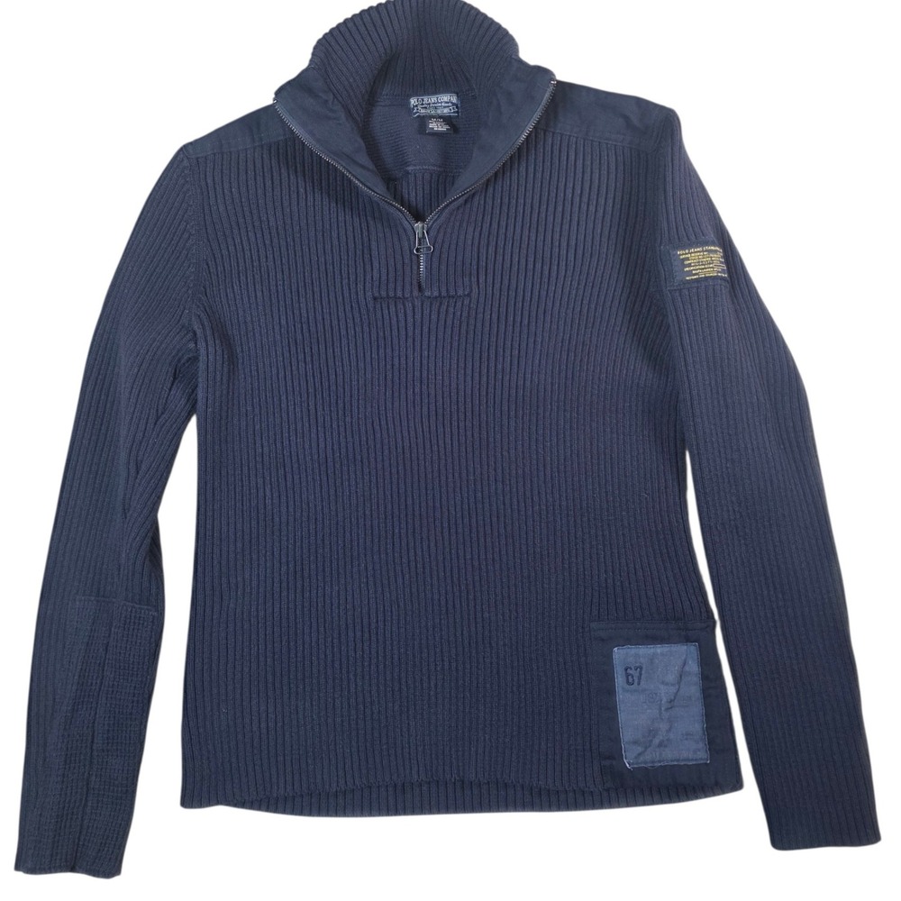 Polo Jeans Co Ralph Lauren Mens M Navy Ribbed Knit 1/4 Zip Cotton‎ Sweater
